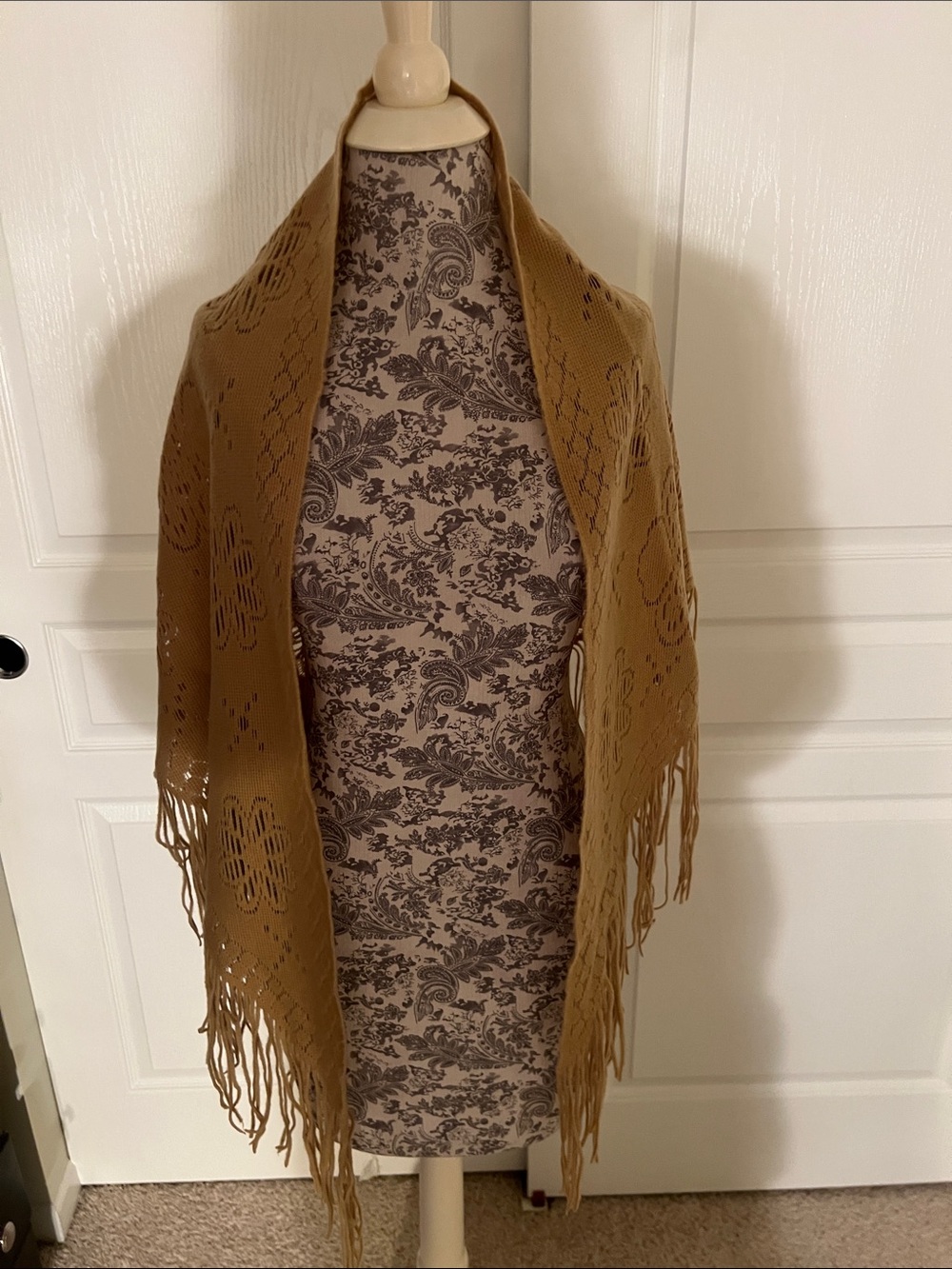 Source Unknown Camel Knit Fringe Shawl